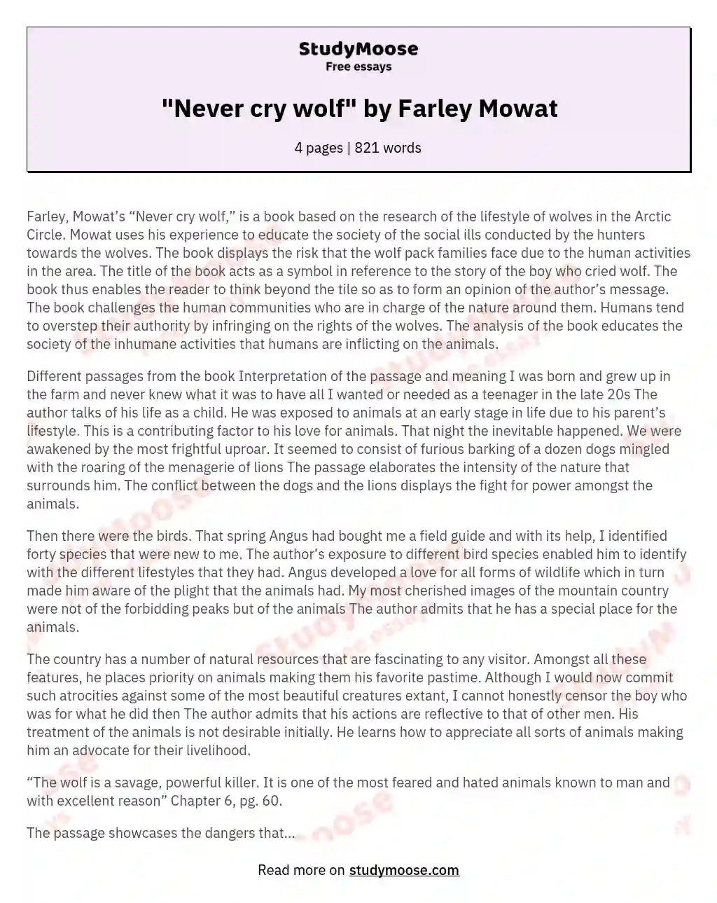 "Never cry wolf" by Farley Mowat