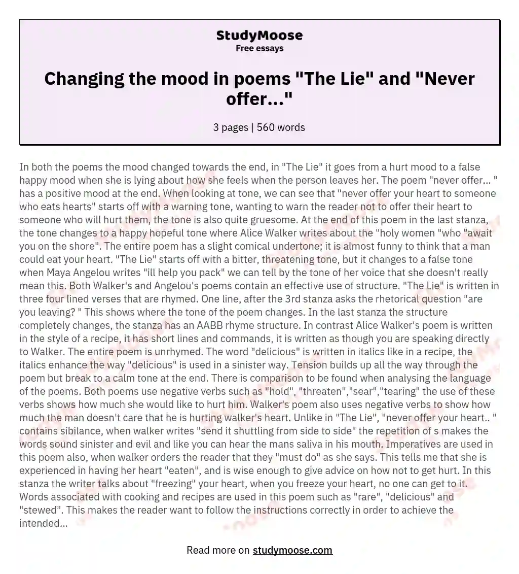 Changing the mood in poems "The Lie" and "Never offer..." essay