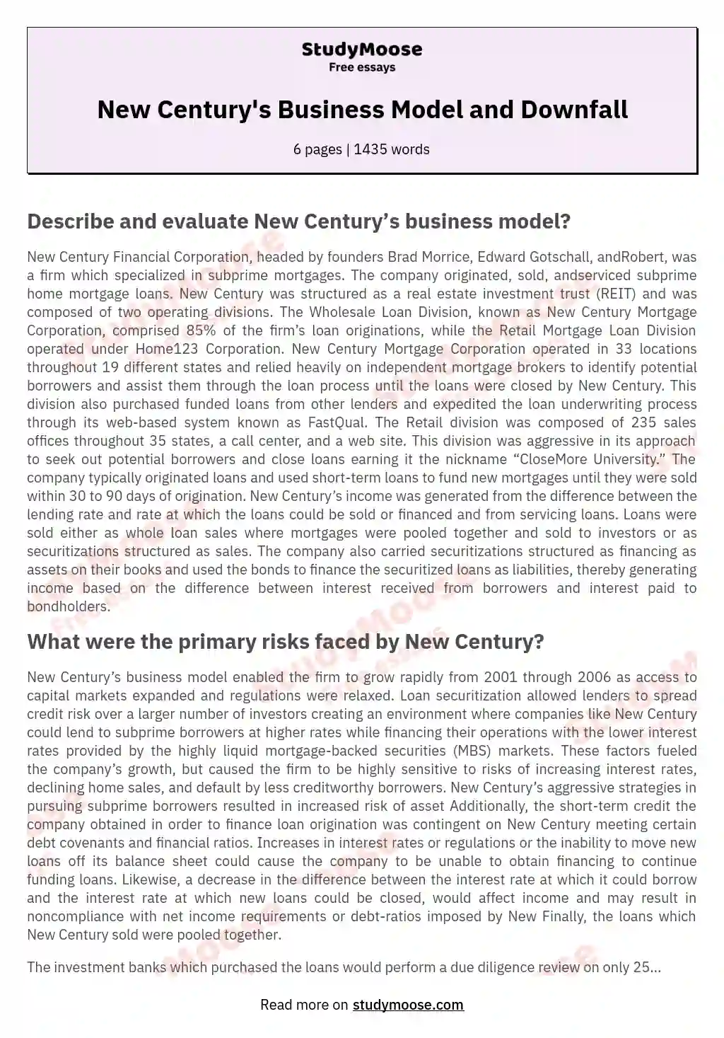 New Century's Business Model and Downfall essay