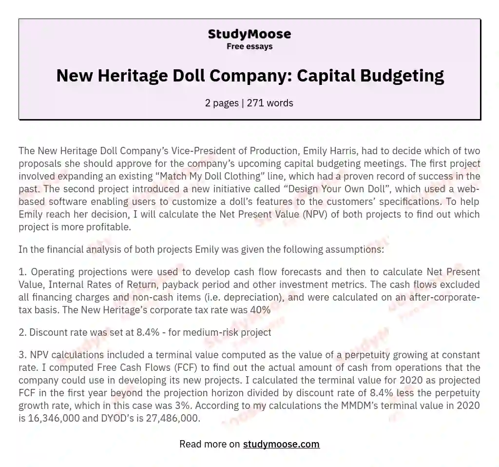 New Heritage Doll Company: Capital Budgeting essay
