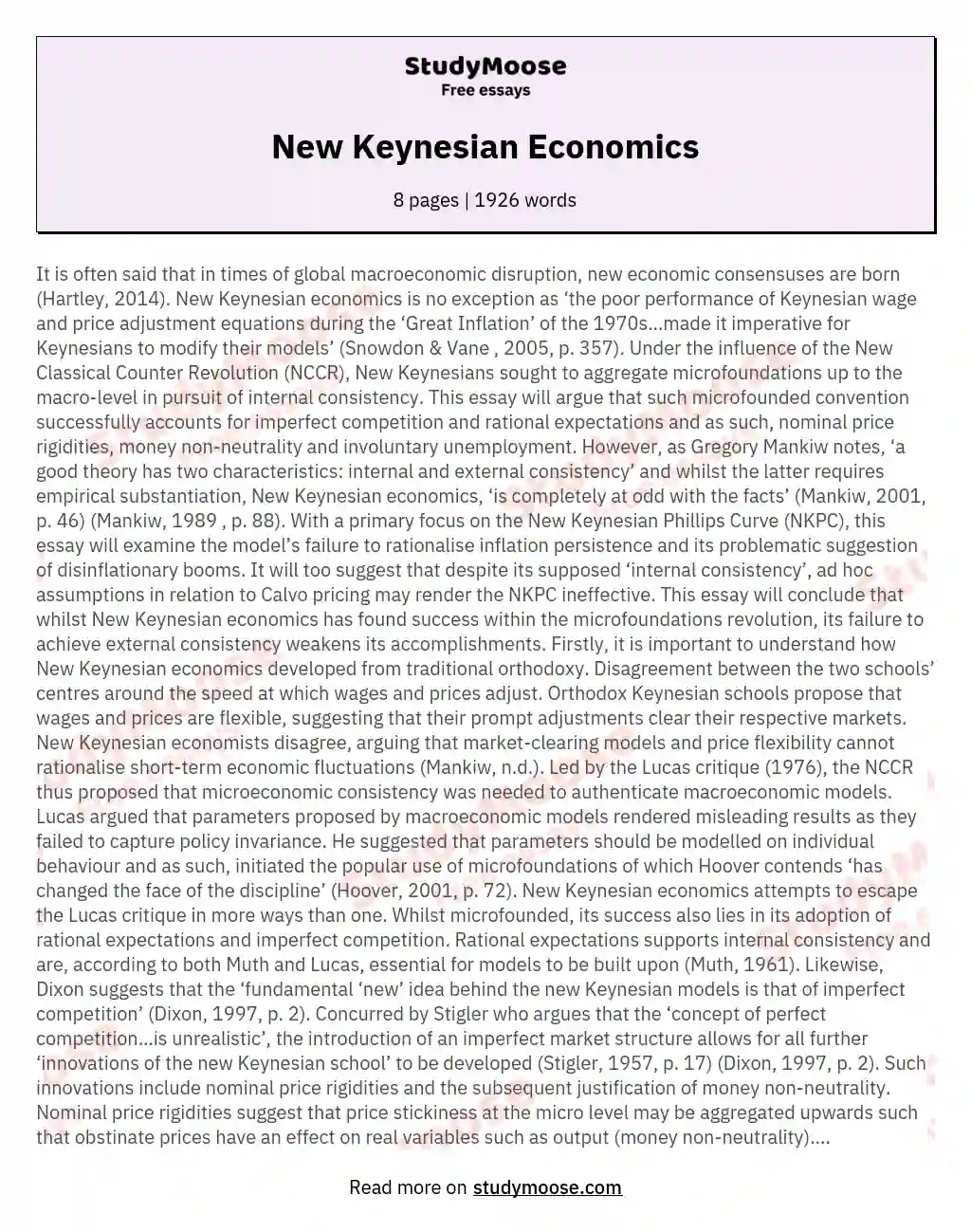 New Keynesian Economics essay