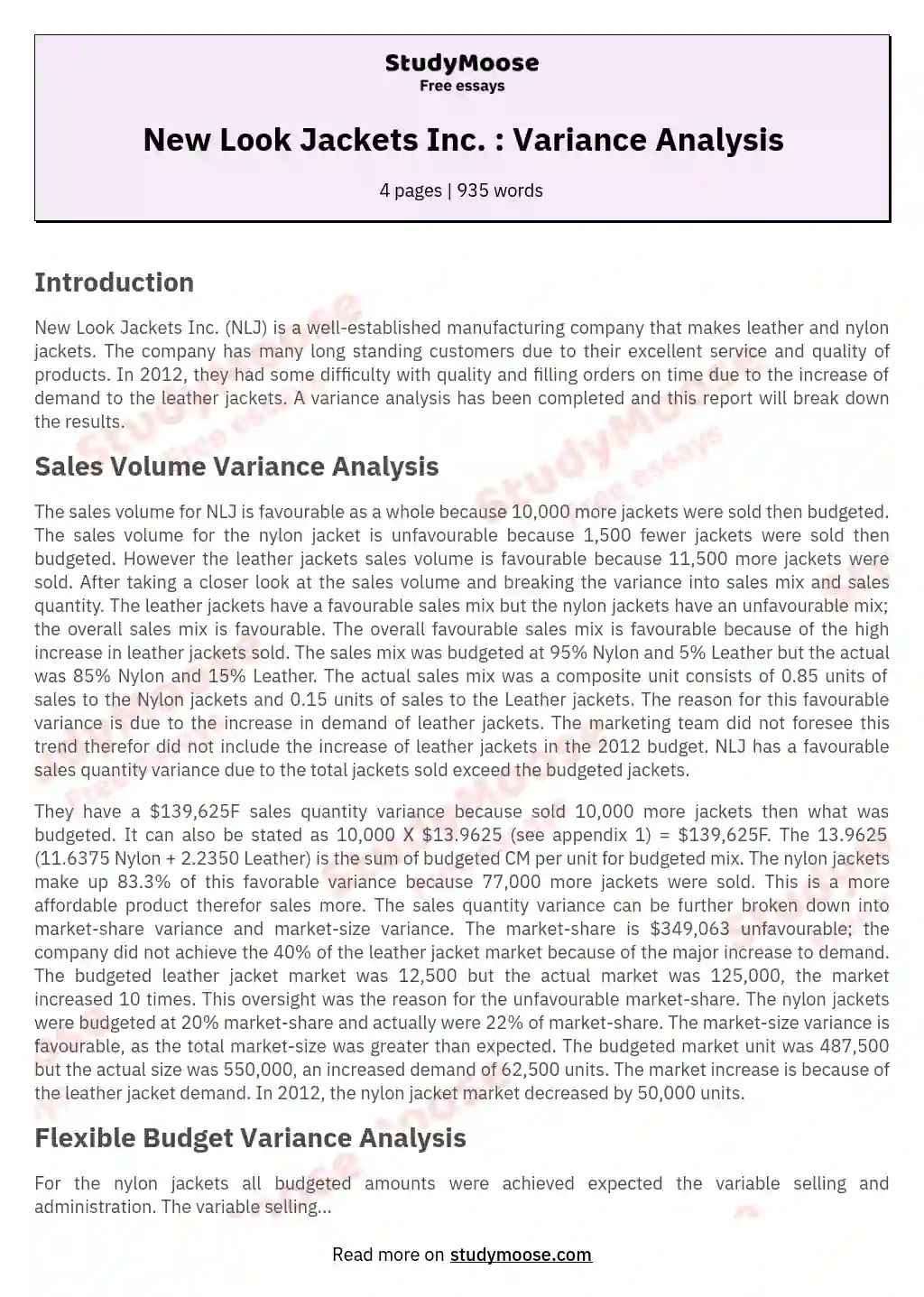 New Look Jackets Inc. : Variance Analysis essay