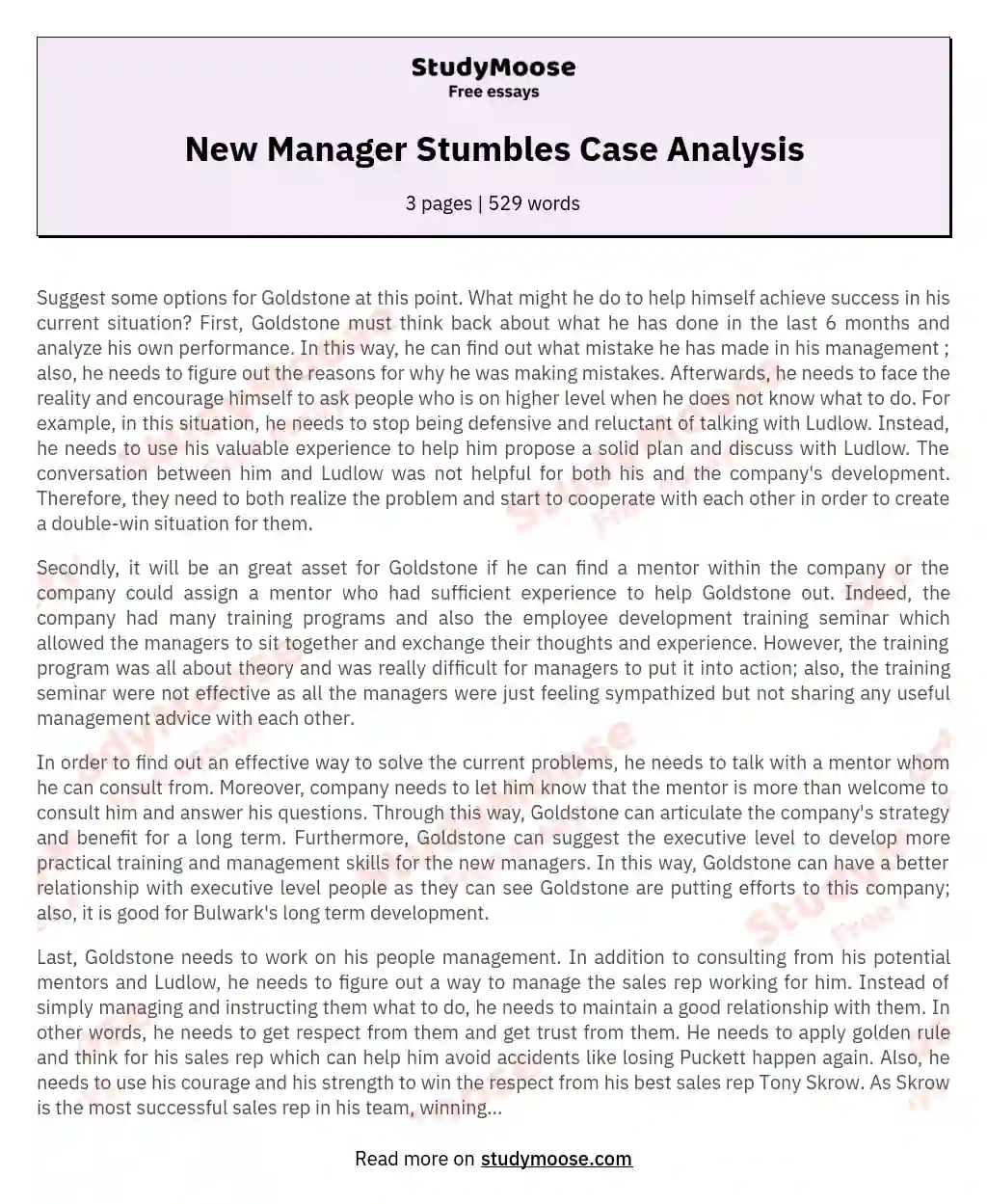 New Manager Stumbles Case Analysis essay
