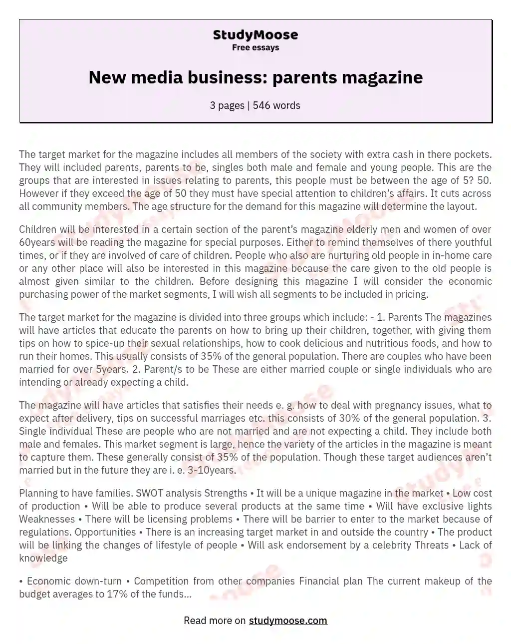 New media business: parents magazine essay