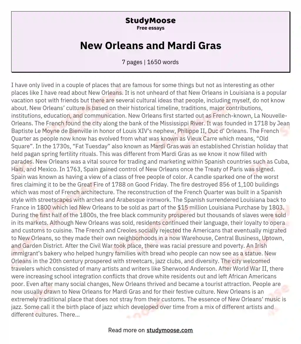 New Orleans and Mardi Gras essay