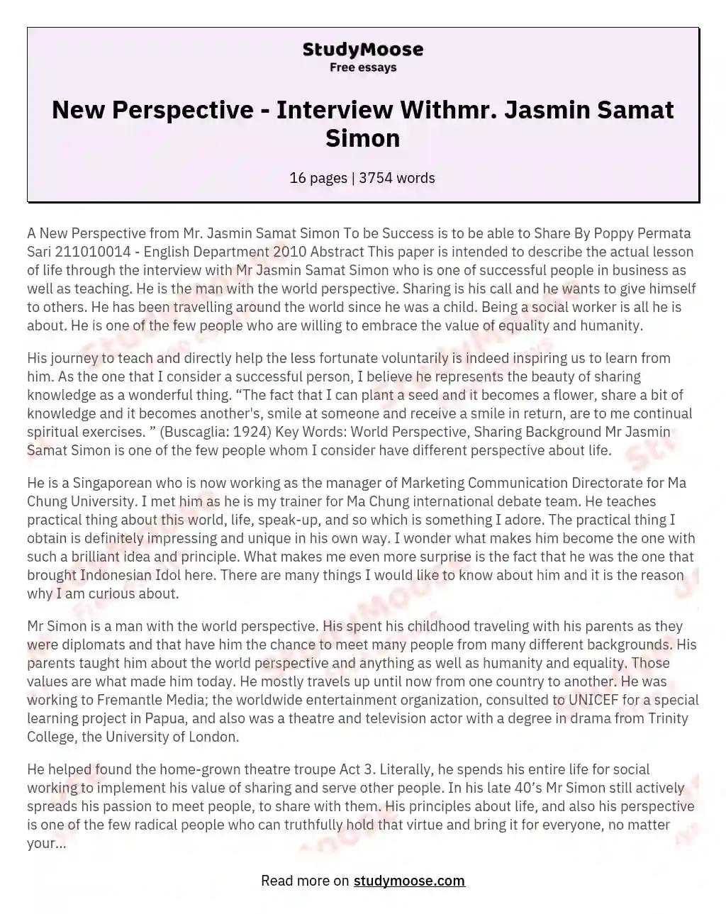 New Perspective - Interview Withmr. Jasmin Samat Simon essay