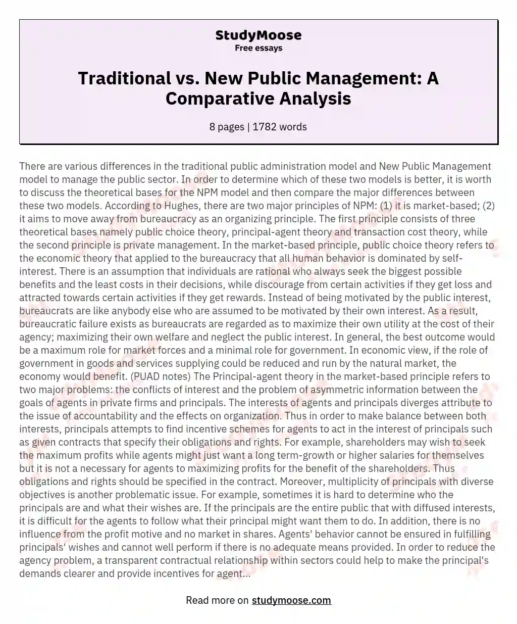 Traditional vs. New Public Management: A Comparative Analysis essay