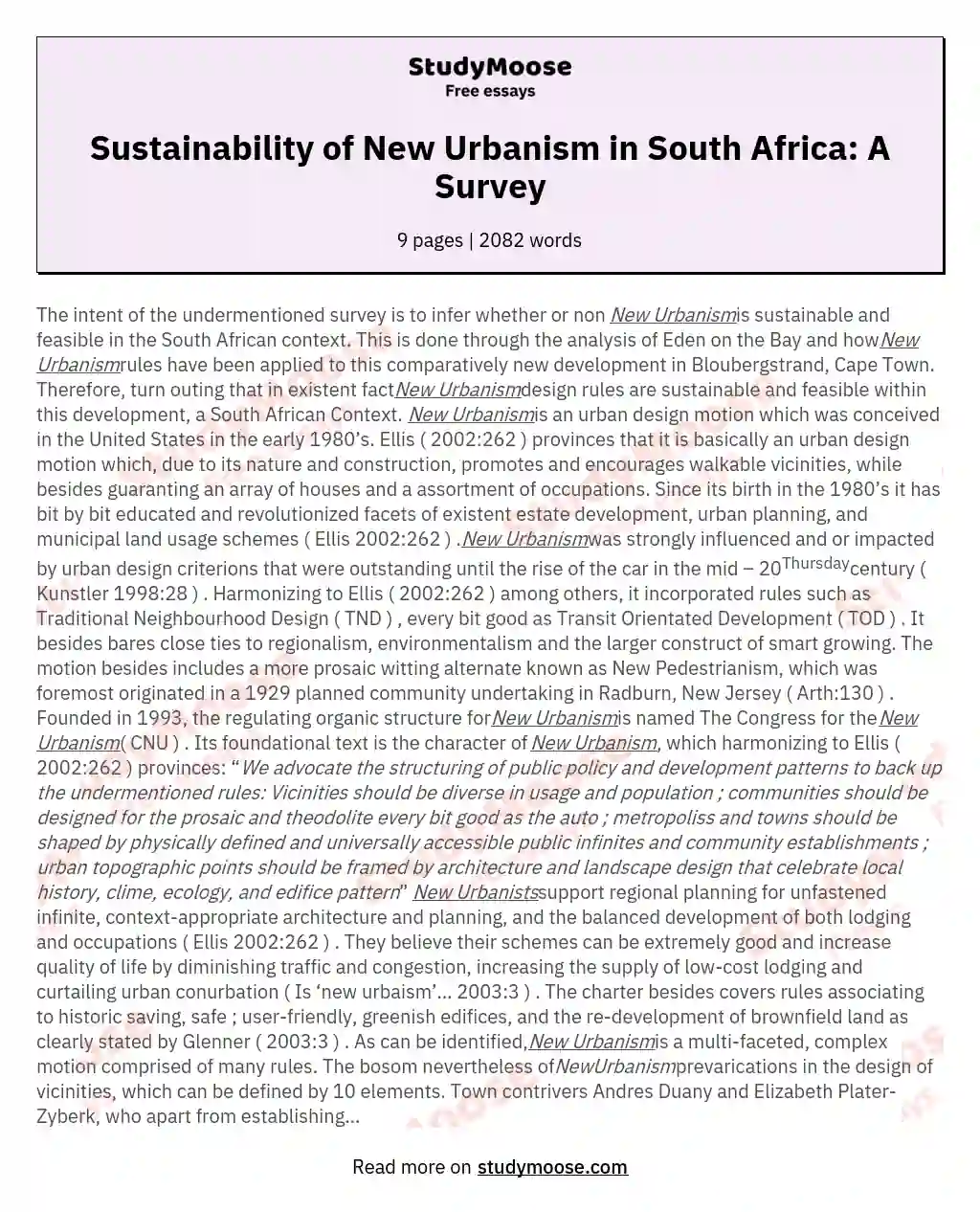 Sustainability of New Urbanism in South Africa: A Survey essay