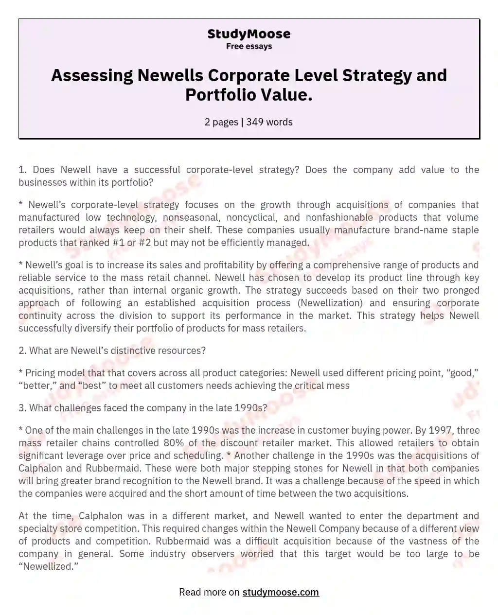 Assessing Newells Corporate Level Strategy and Portfolio Value. essay