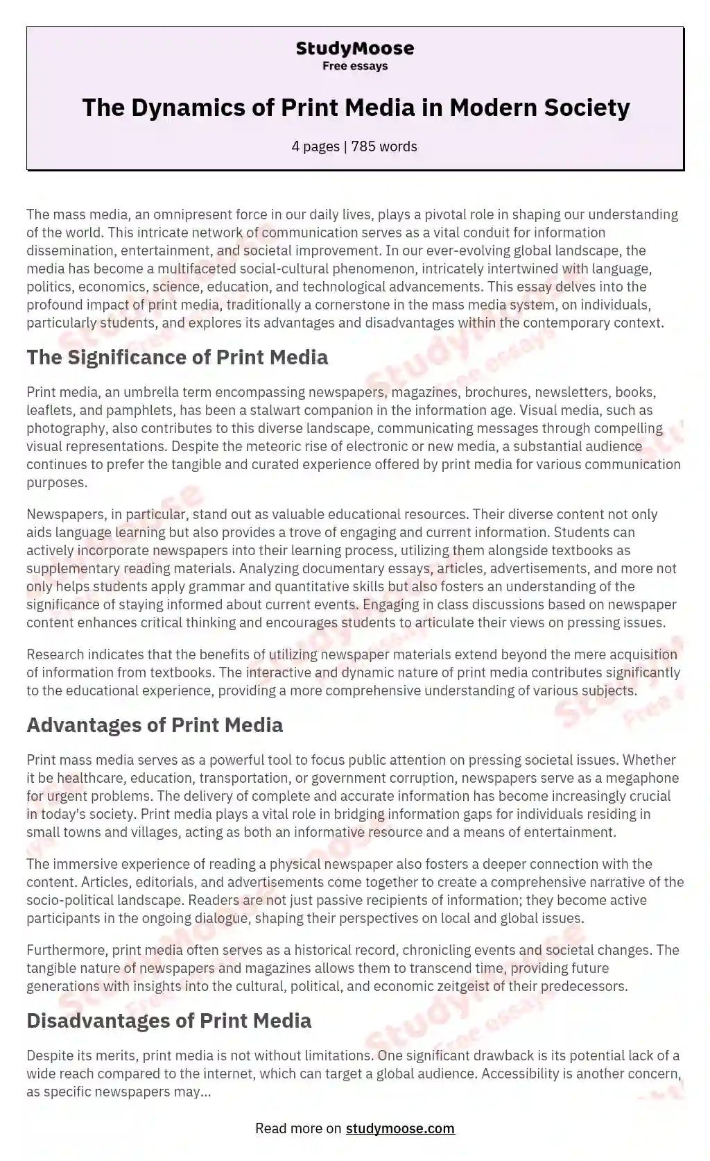 The Dynamics of Print Media in Modern Society essay