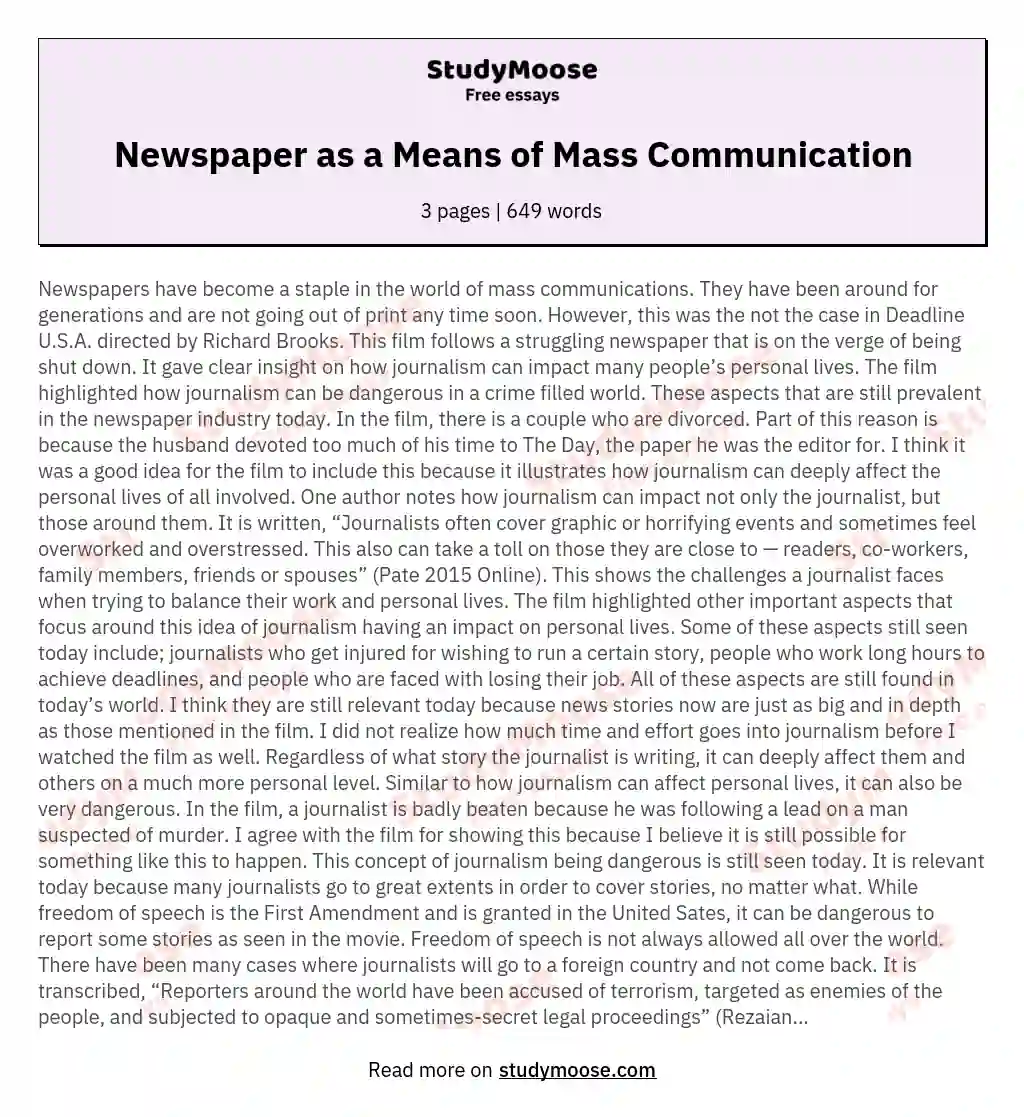 Newspaper as a Means of Mass Communication essay