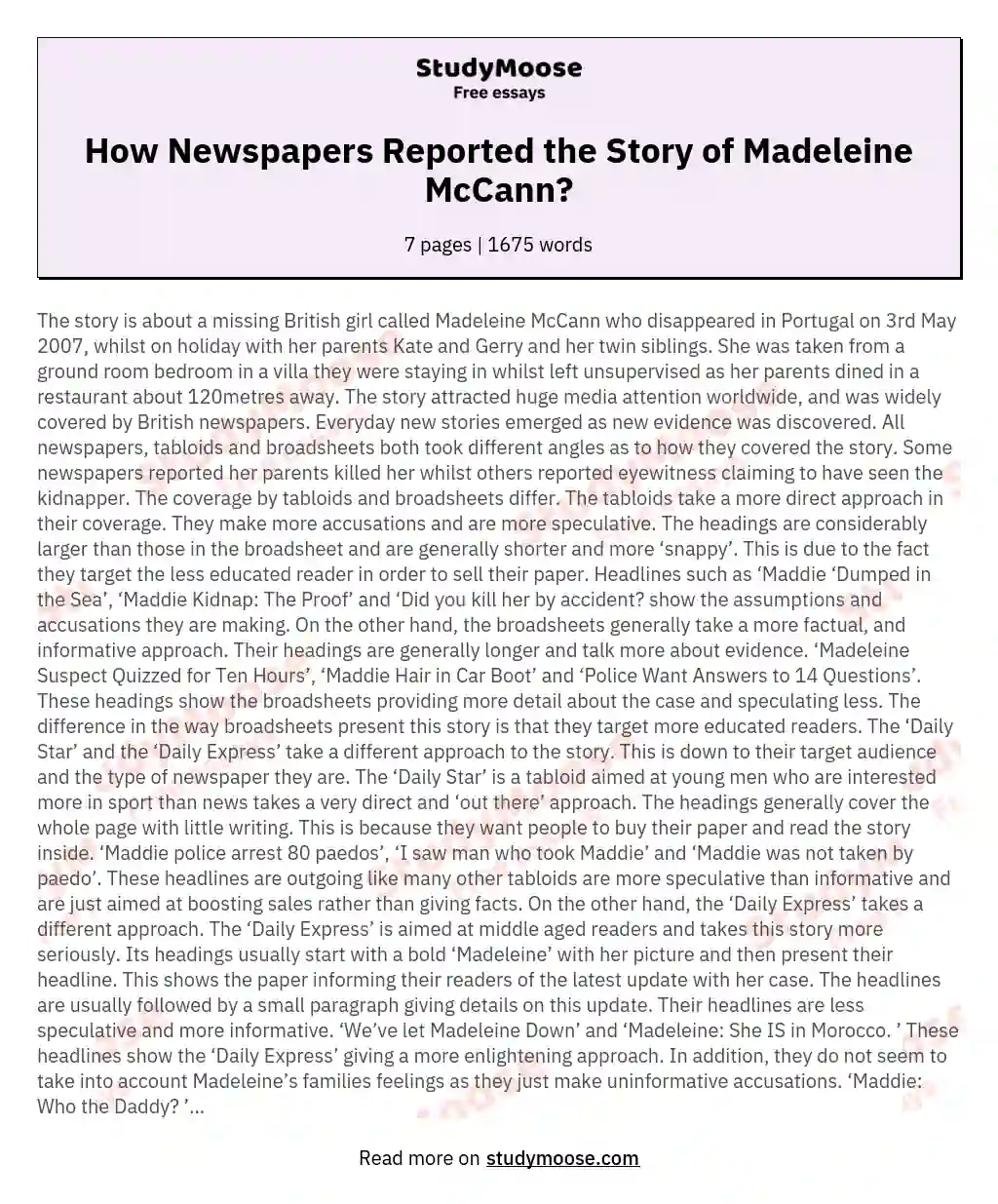 How Newspapers Reported the Story of Madeleine McCann? essay