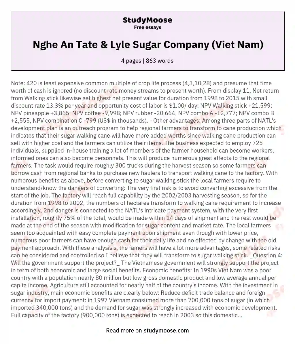 Nghe An Tate &amp; Lyle Sugar Company (Viet Nam) essay