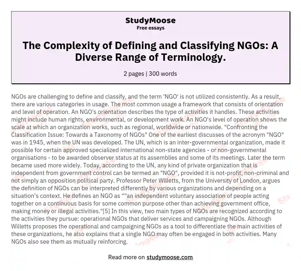 The Complexity of Defining and Classifying NGOs: A Diverse Range of Terminology. essay