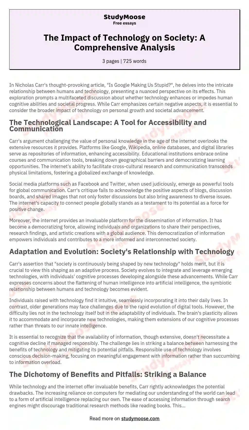 The Impact of Technology on Society: A Comprehensive Analysis essay