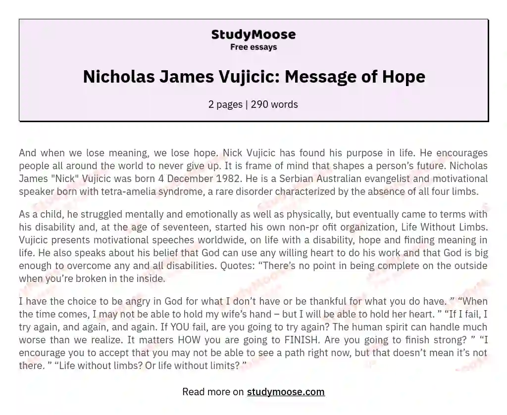 Nicholas James Vujicic: Message of Hope essay