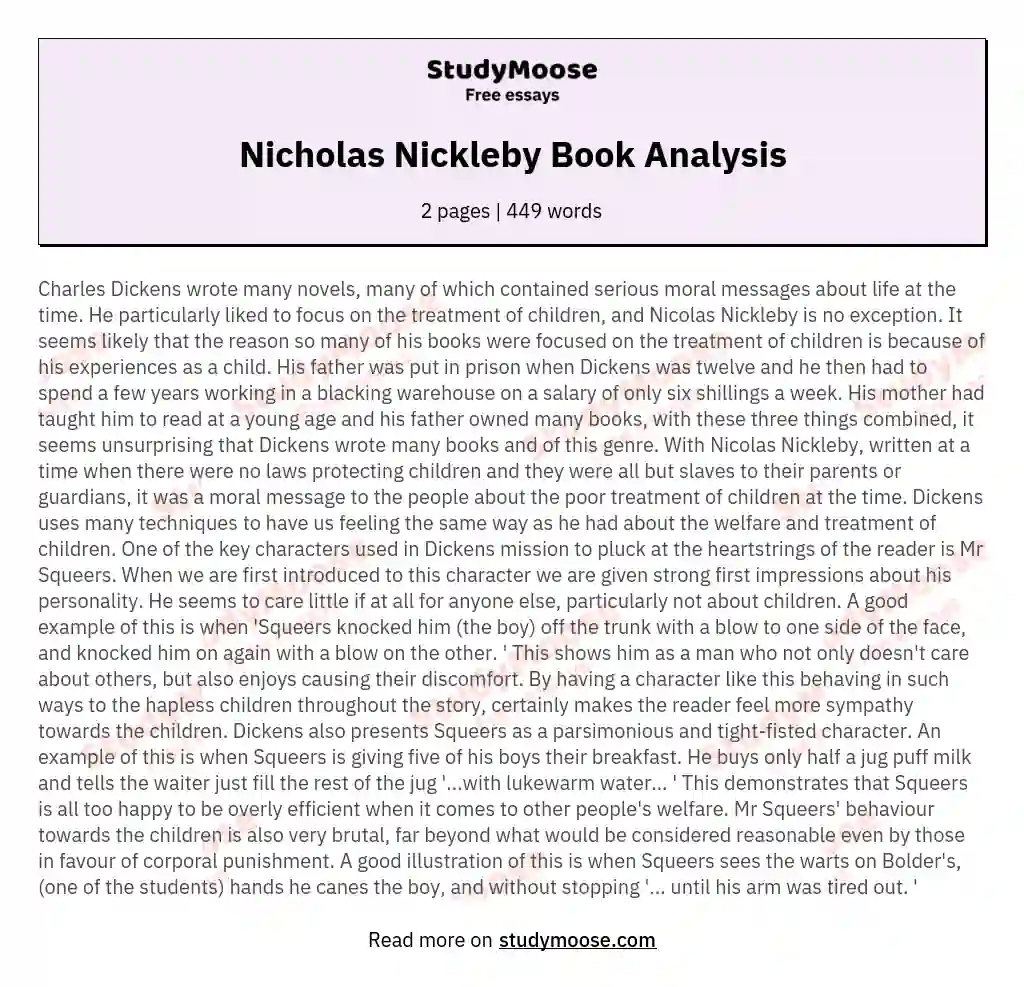 Dickens' Advocacy for Children: A Moral Message in "Nicholas Nickleby" essay