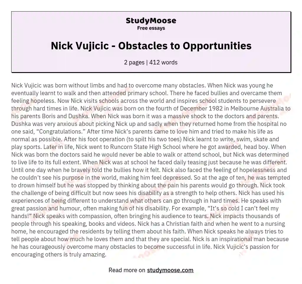 Nick Vujicic - Obstacles to Opportunities essay