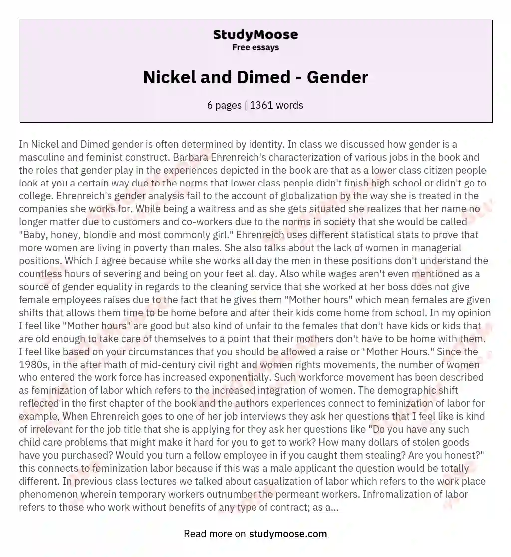 Nickel and Dimed - Gender essay