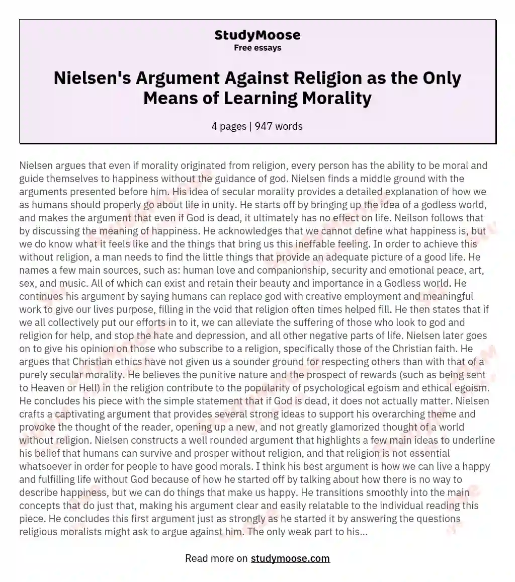 Nielsen's Argument Against Religion as the Only Means of Learning Morality essay