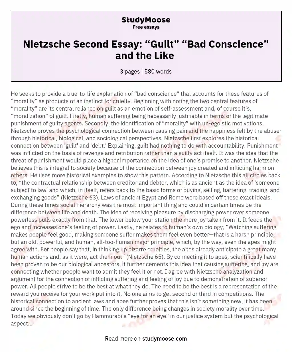 Nietzsche Second Essay: “Guilt” “Bad Conscience” and the Like  essay