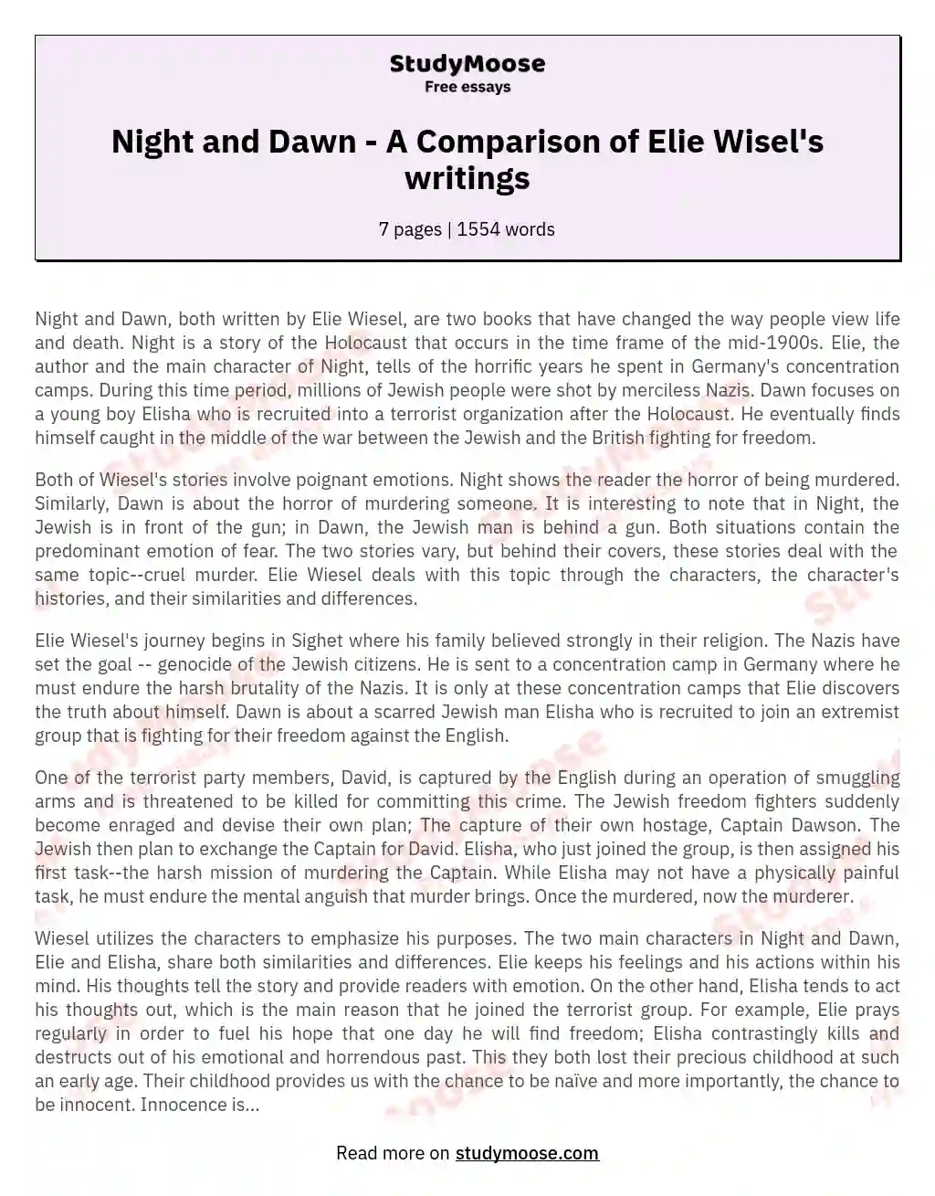 Night and Dawn - A Comparison of Elie Wisel's writings essay