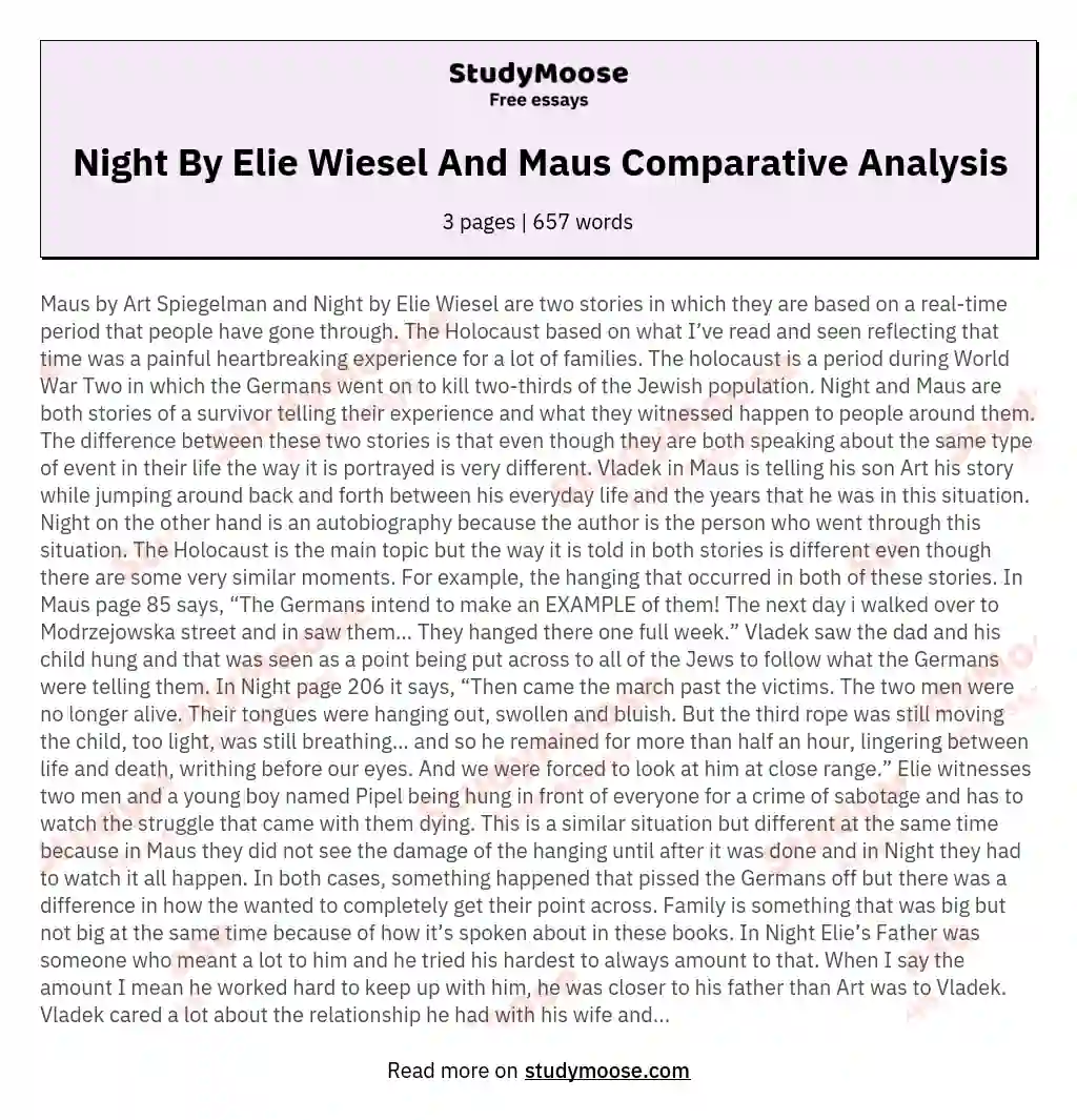Night By Elie Wiesel And Maus Comparative Analysis essay
