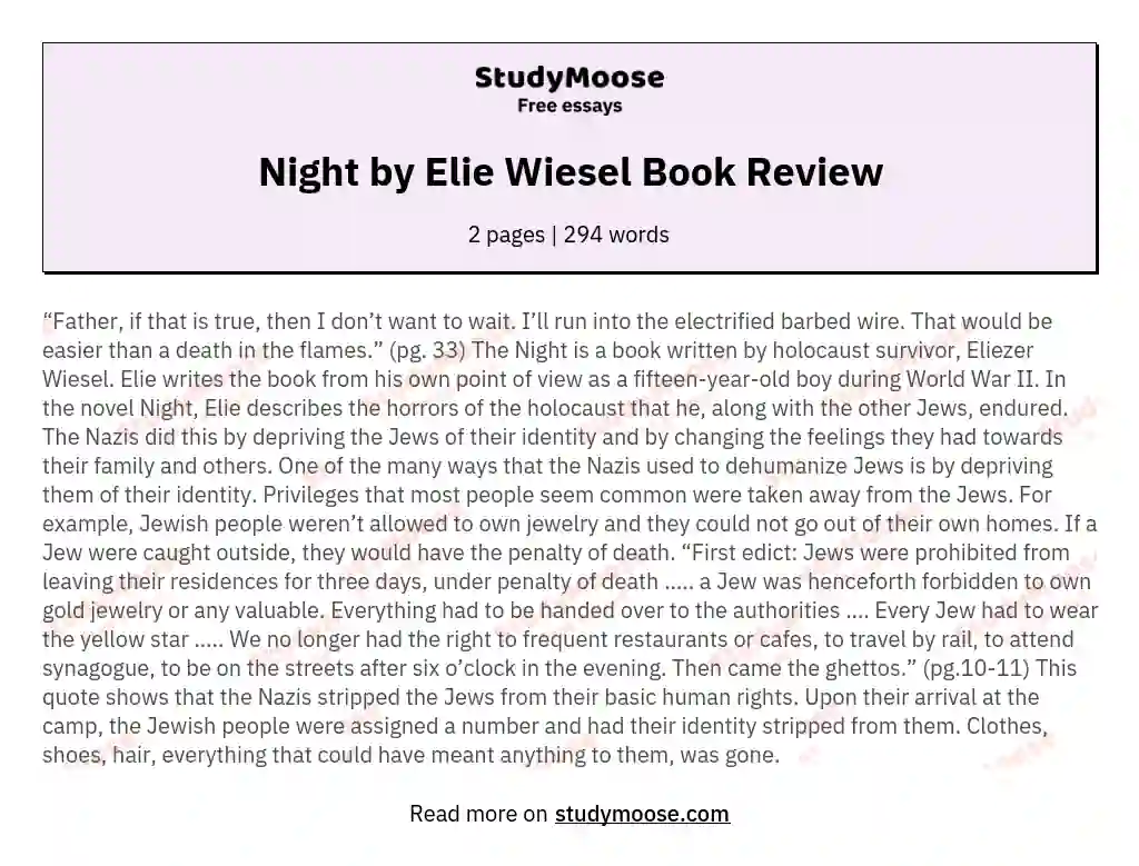 Night by Elie Wiesel Book Review essay