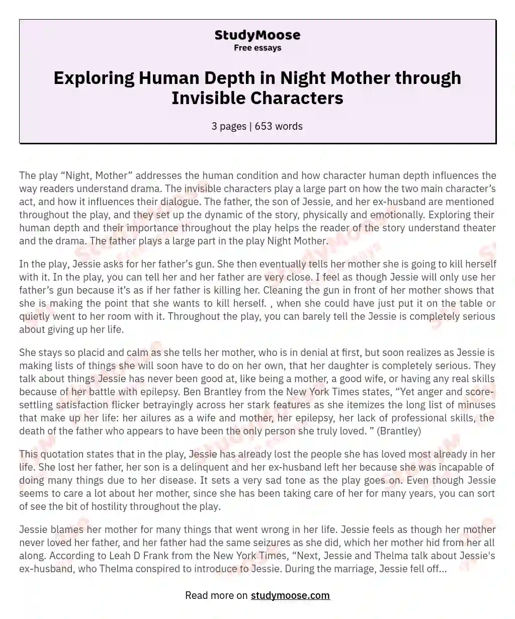 Exploring Human Depth in Night Mother through Invisible Characters essay