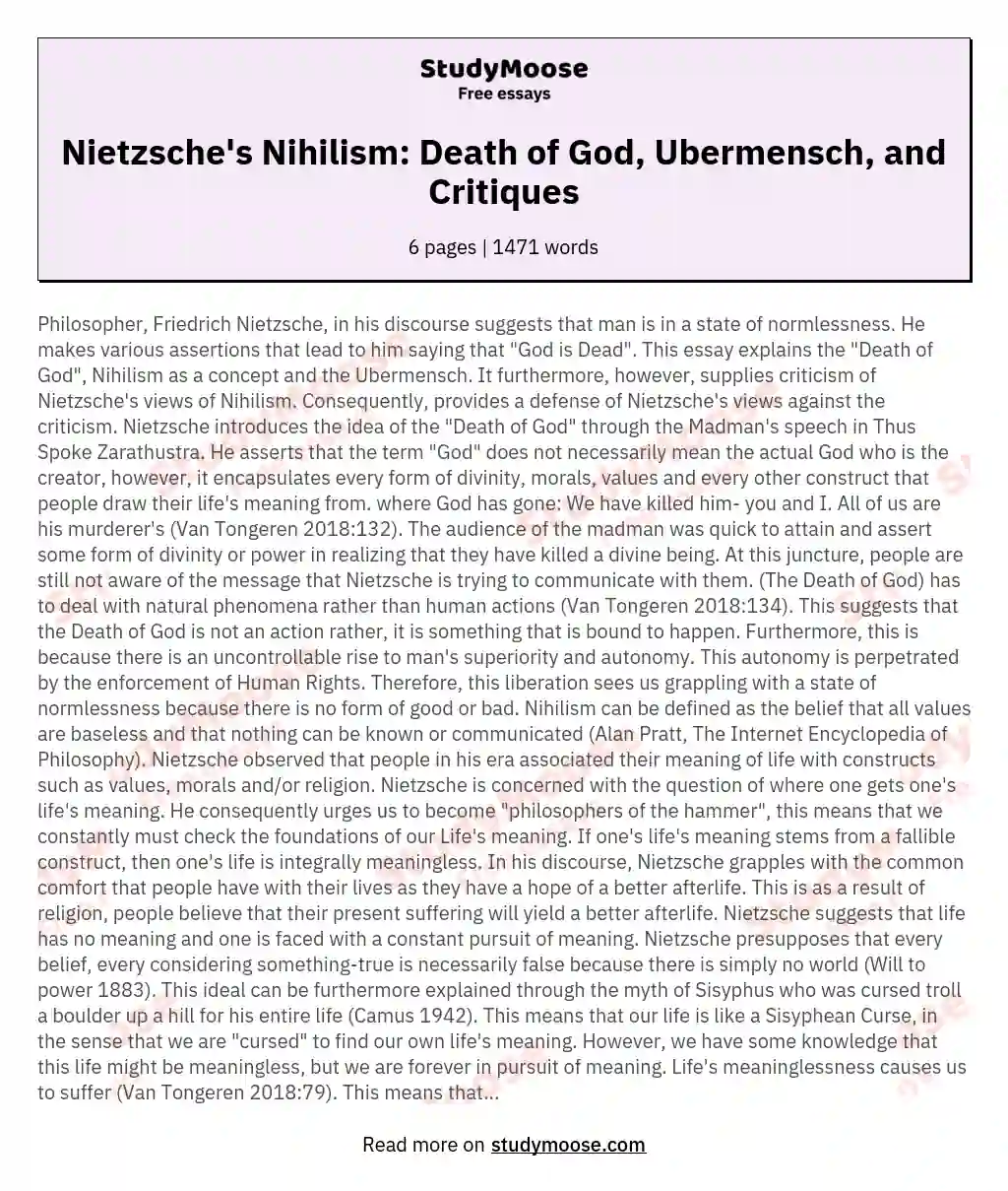 Nietzsche's Nihilism: Death of God, Ubermensch, and Critiques essay