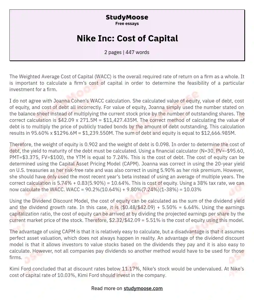 Analyzing the Weighted Average Cost of Capital (WACC) for Nike essay