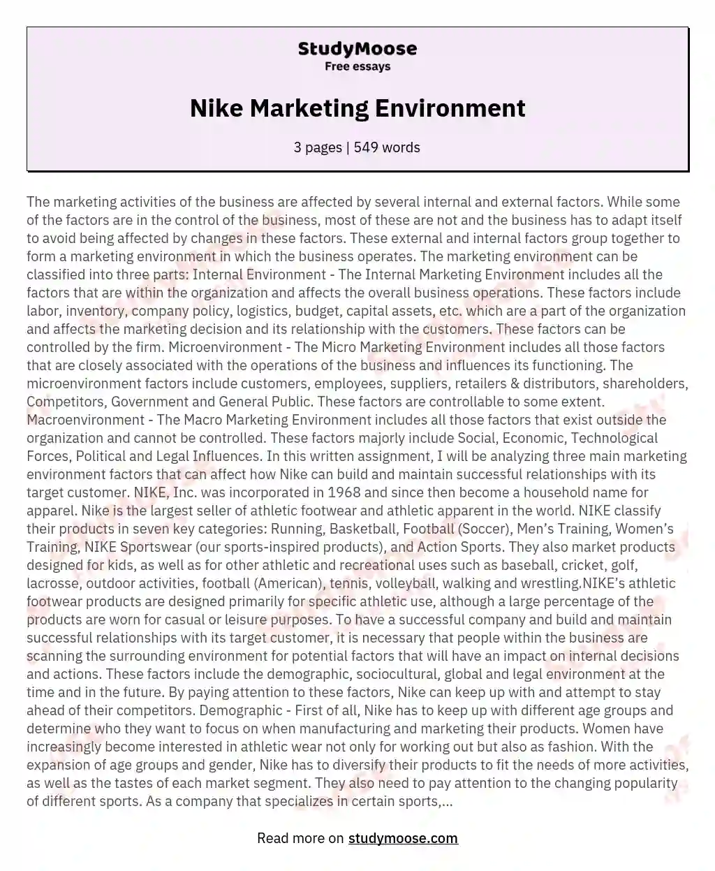 Minimizar Inadecuado Abrumar Nike Marketing Environment Free Essay Example