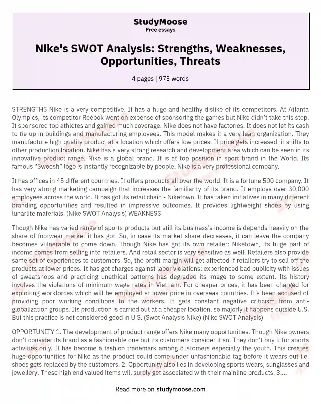 Nike's SWOT Analysis: Strengths, Weaknesses, Opportunities, Threats essay