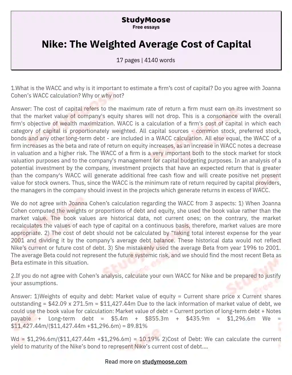 Nike: The Weighted Average Cost of Capital essay