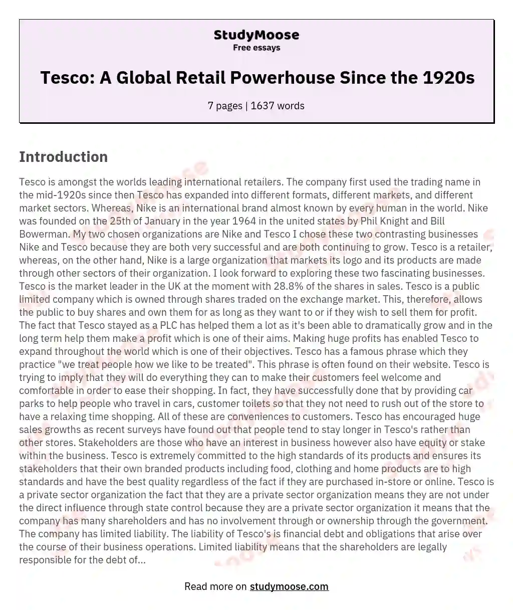 Tesco: A Global Retail Powerhouse Since the 1920s essay