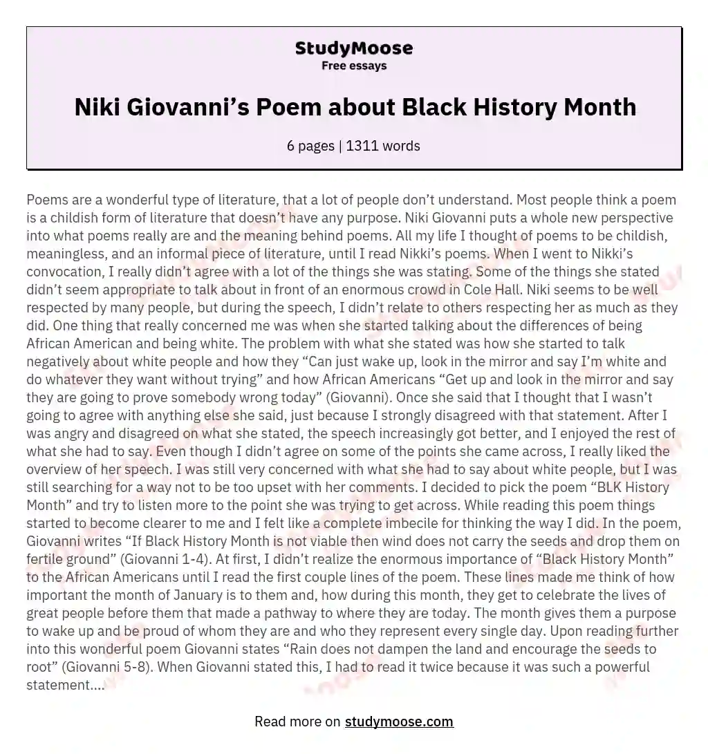 Niki Giovanni’s Poem about Black History Month essay