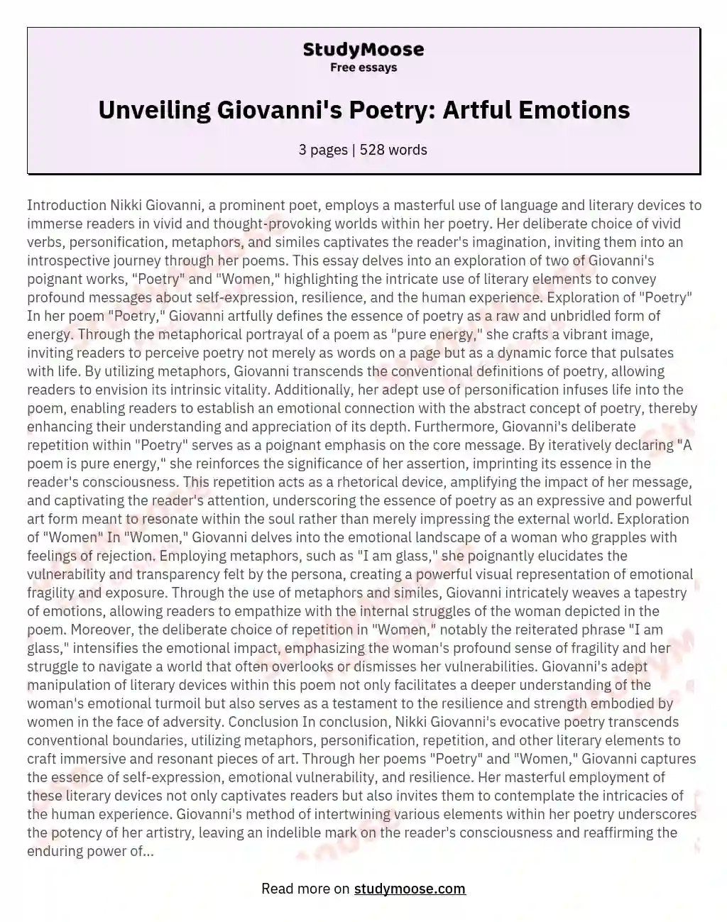 Unveiling Giovanni's Poetry: Artful Emotions essay