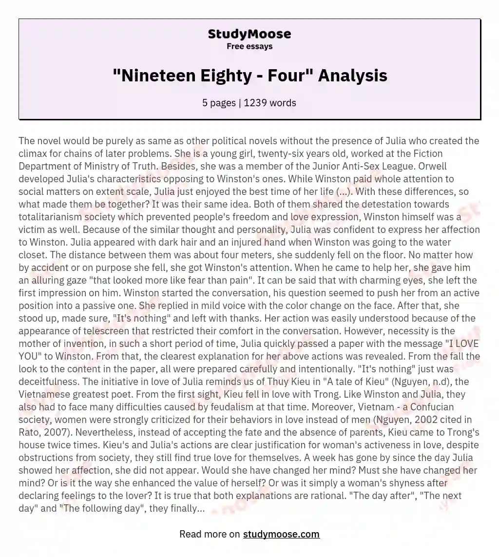 "Nineteen Eighty - Four" Analysis essay