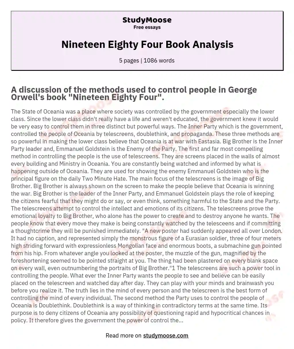 Nineteen Eighty Four Book Analysis essay