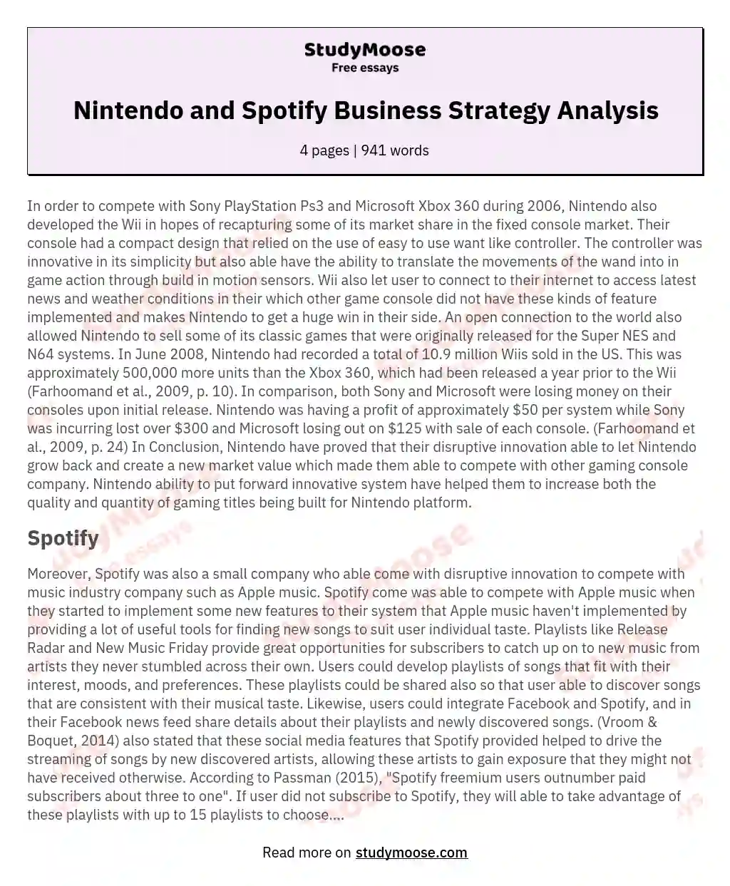 Nintendo and Spotify Business Strategy Analysis essay