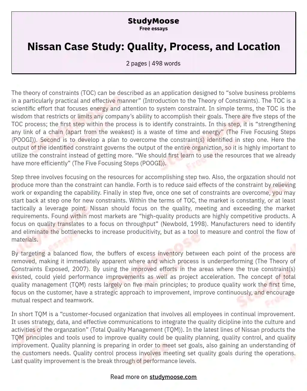 Nissan Case Study: Quality, Process, and Location