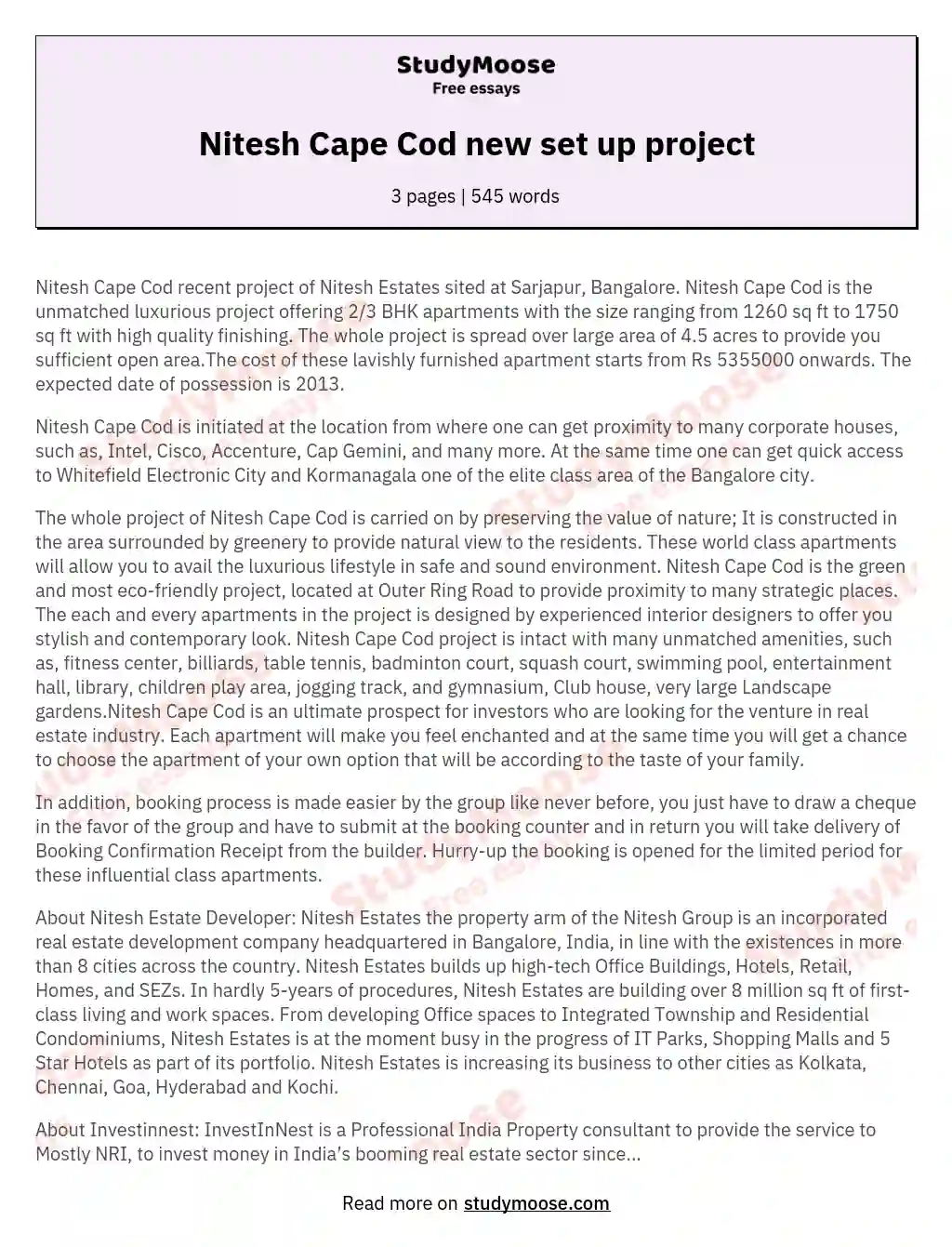 Nitesh Cape Cod new set up project essay