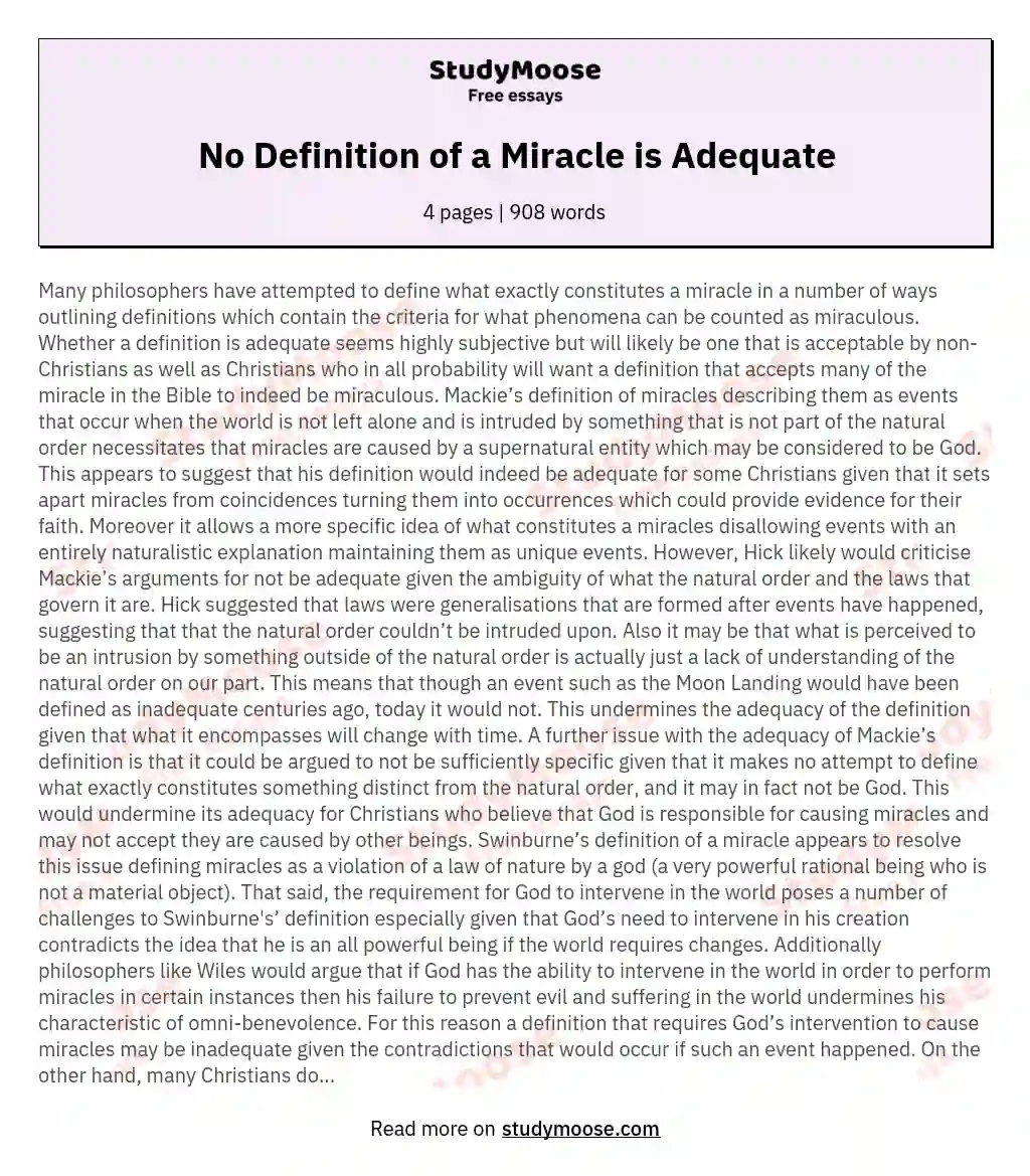 No Definition of a Miracle is Adequate