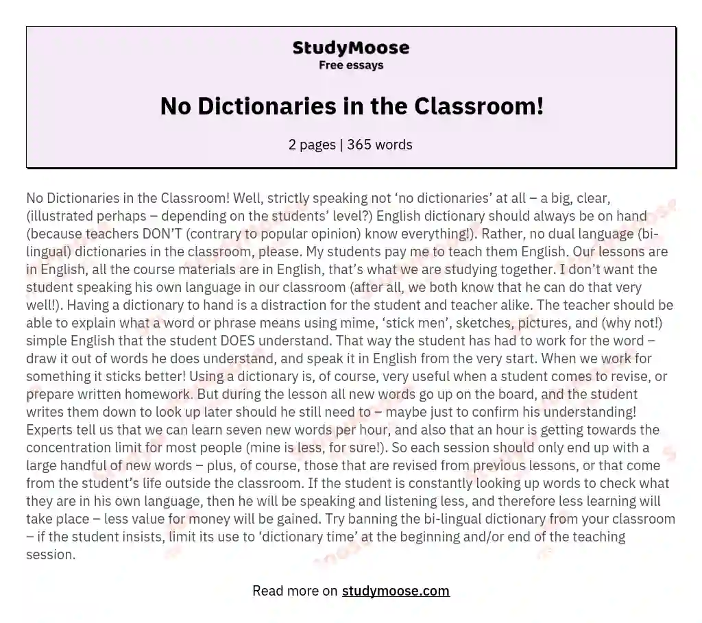 No Dictionaries in the Classroom! essay