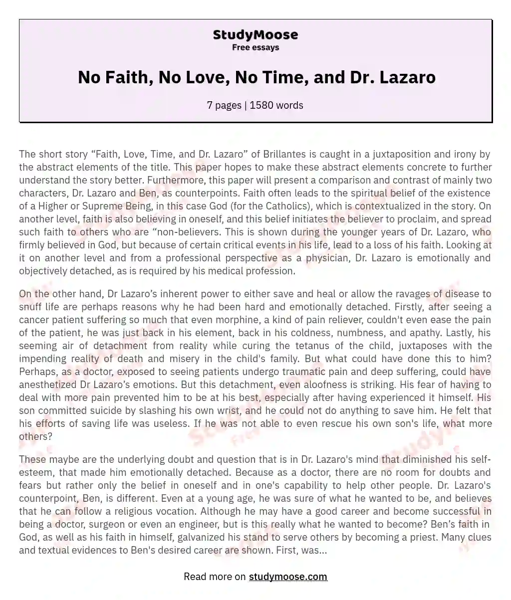 No Faith, No Love, No Time, and Dr. Lazaro essay