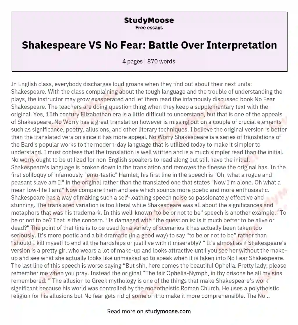Shakespeare VS No Fear: Battle Over Interpretation essay