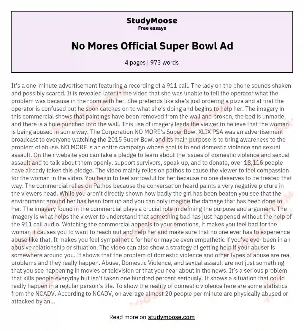 No Mores Official Super Bowl Ad essay