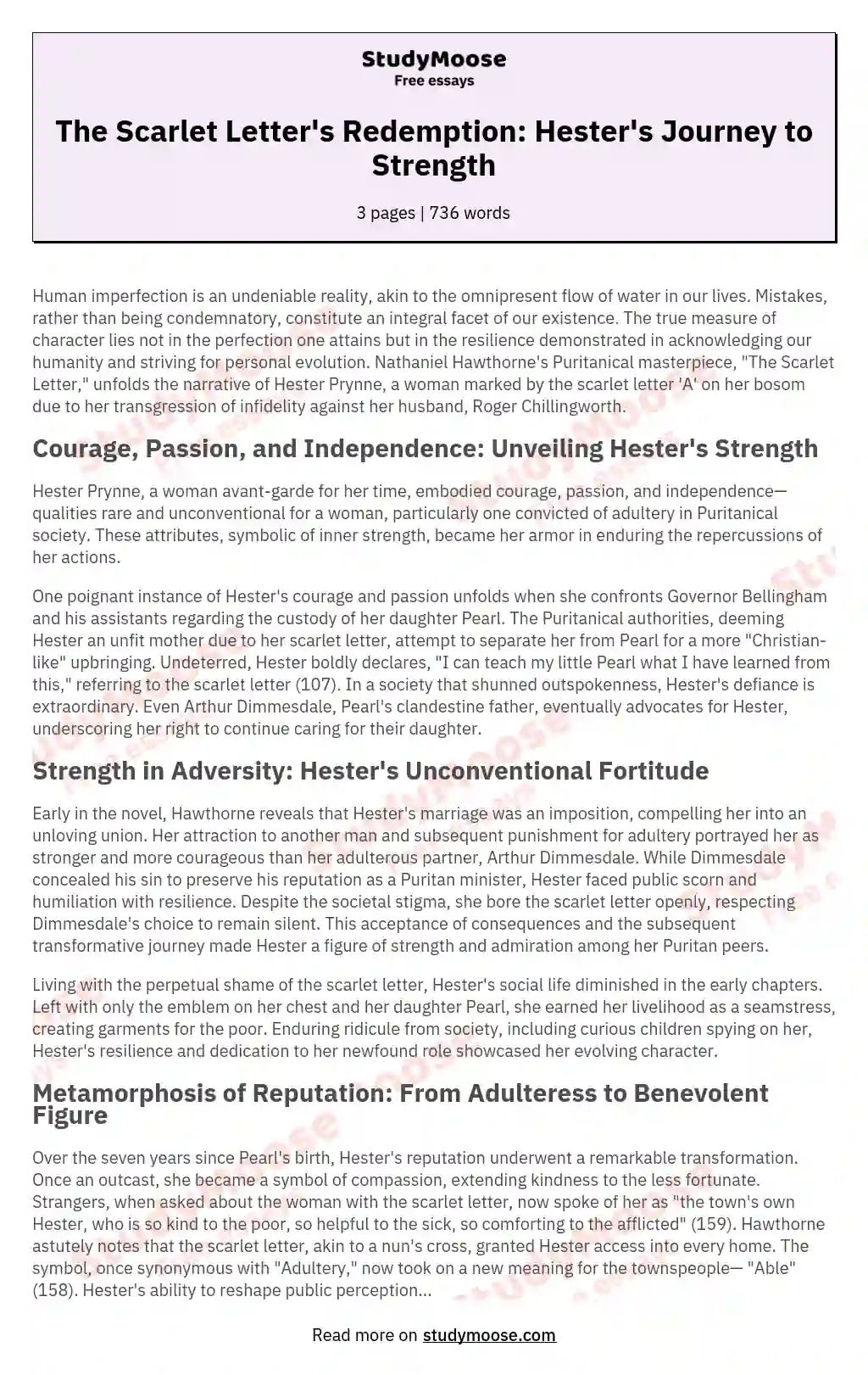 The Scarlet Letter's Redemption: Hester's Journey to Strength essay