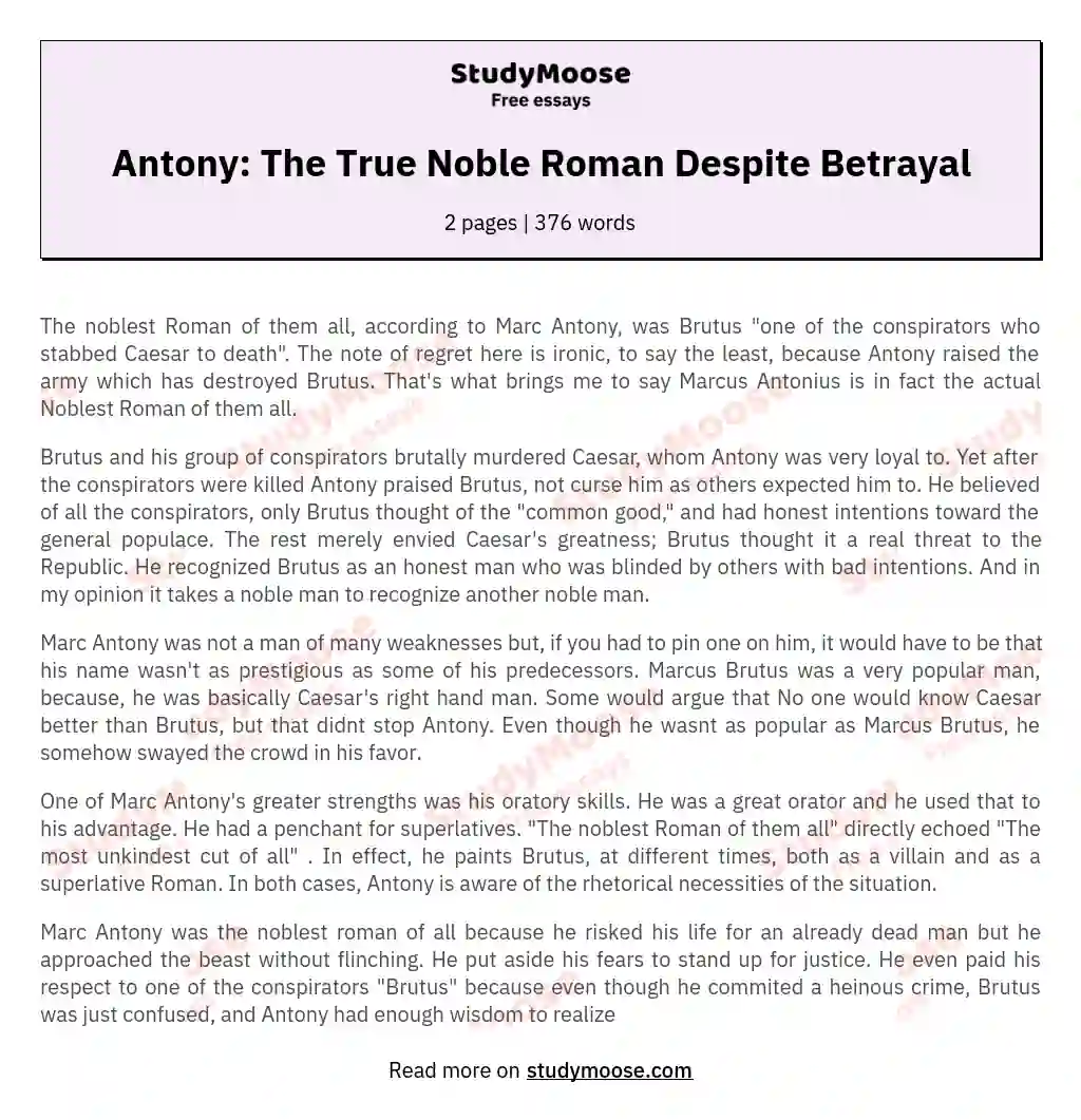 Antony: The True Noble Roman Despite Betrayal essay