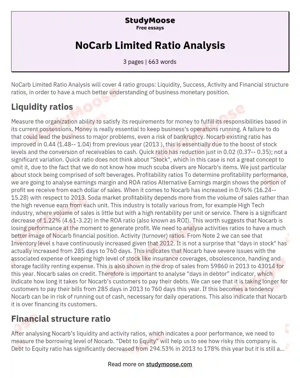 NoCarb Limited Ratio Analysis essay